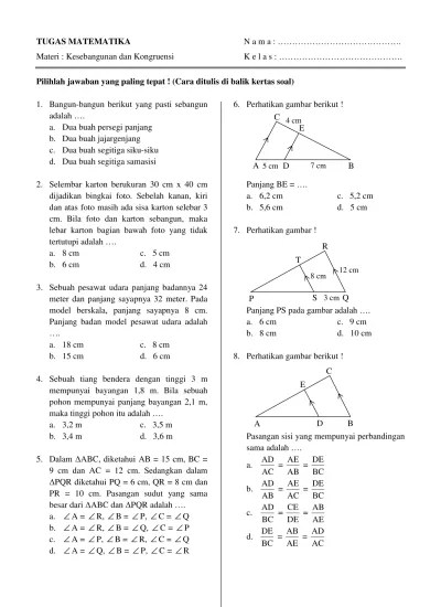 Gambarlah bayangan dari suatu titik a (3, 5) yang direfleksikan. Top Pdf 9 Smp Soal Pembahasan Kesebangunan Dan K 123dok Com