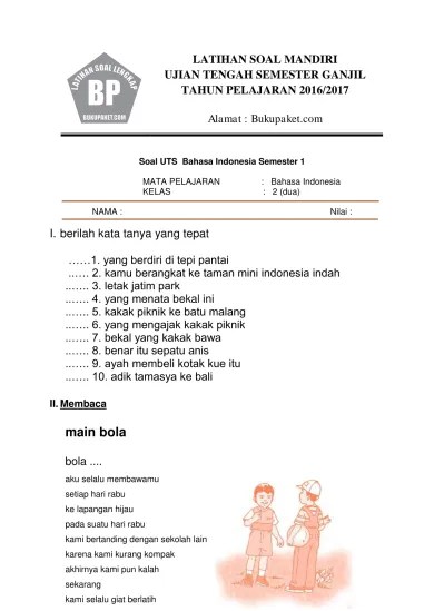 Berikut pembahasan kunci jawaban latihan soal pts (penilaian tengah semester) uts bahasa inggris kelas 2 sd mi semester 1 kurikulum 2013. Soal Uts Semester Ii Kelas 1 Bahasa Madura