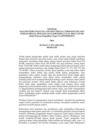 (studi kasus putusan pengadilan negeri medan no.474/pid/2015/pt.mdn. Analisis Pertanggungjawaban Pidana Terhadap Pelaku Tindak Pidana Penggelapan Sertifikat Jual Beli Tanah Studi Kasus Putusan Pengadilan Negeri No 659 Pidb 2011
