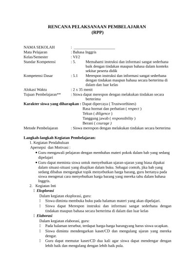 Nama sekolah nama sekolah : Rpp Bahasa Inggris Kelas 6 Semester 2