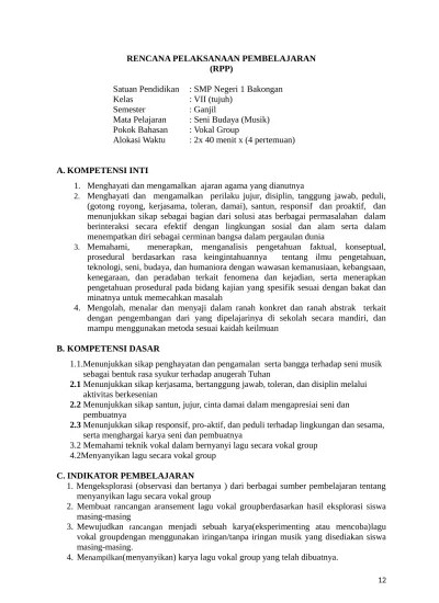 Lengkap rpp 1 halaman berdasarkan pertemuan dan penilaian tingkat smp/mts mapel seni budaya kelas 8 semester 1 kurikulum 2013 revisi 2021. Rpp Seni Budaya Kelas 7 Kurikulum 2013 Revisi 2016 Smp Mts Rpp Tari Vii 1 2