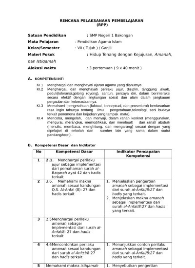 Rpp pai smp kelas 7 kurikulum . Rpp Pai Kelas 7 Kurikulum 2013 Revisi 2016 Semester 1 Dan 2 Rpp Bab 12