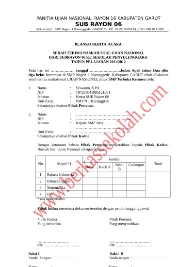 Contoh berita acara serah terima . Contoh Berita Acara Pelaksanaan Ujian Nasional