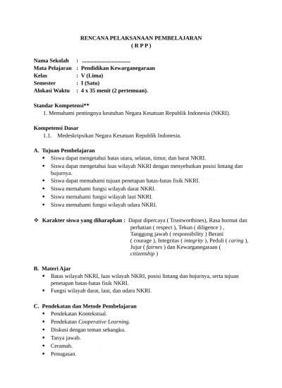 Bahasa indonesia, ips, matematika, pkn : Top Pdf Rpp Pkn Kelas 5 Semester 1 123dok Com