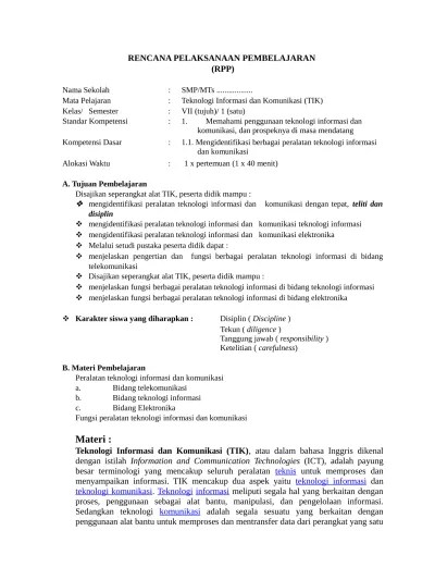 Administrasi guru kurikulum 2013 revisi terbaru 2020 dengan format rpp 1 lembar / rpp 1 halaman. Perangkat Pembelajaran Tik Smp Berkarakter Terbaru Rpp Vii Semester 1