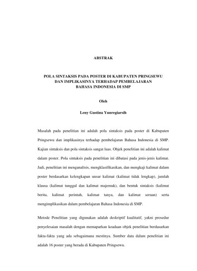 POLA SINTAKSIS PADA POSTER DI KABUPATEN PRINGSEWU DAN IMPLIKASINYA TERHADAP PEMBELAJARAN  BAHASA INDONESIA DI SMP
