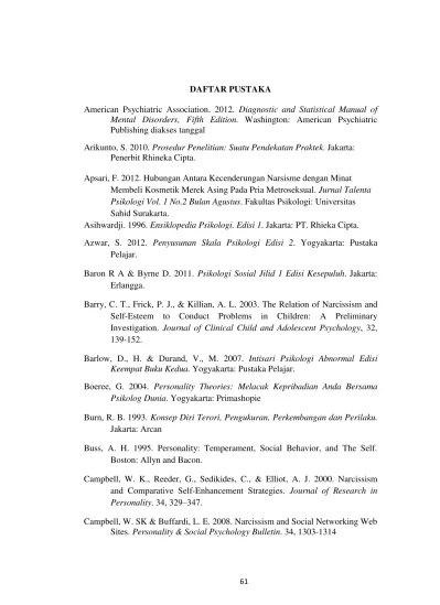 DAFTAR PUSTAKA Narsisme Facebooker Ditinjau Dari Self Esteem.