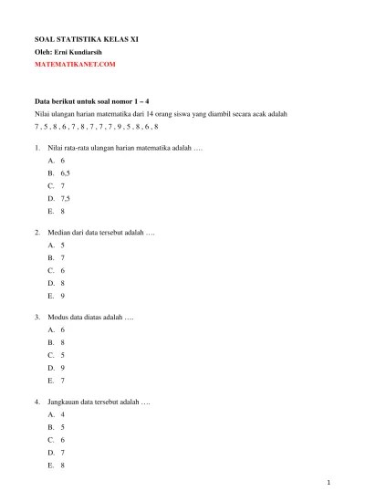 ∑ jumlah frekuensi sebelum interval kelas median. Top Pdf Soal Statistika Smp Kelas 9 Lengkap Soal Statistika 123dok Com