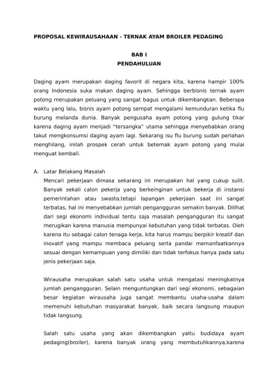 1.1 latar belakang membuka usaha. Proposal Kewirausahaan Budidaya Ayam Broiler