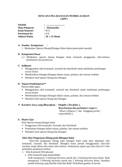 Rpp matematika kelas 5 semester 1. Rpp Matematika Kelas V Ktsp