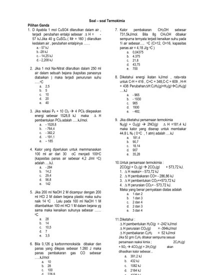 Unduh soal dan penyelesaian dalam format pdf. Soal Termokimia