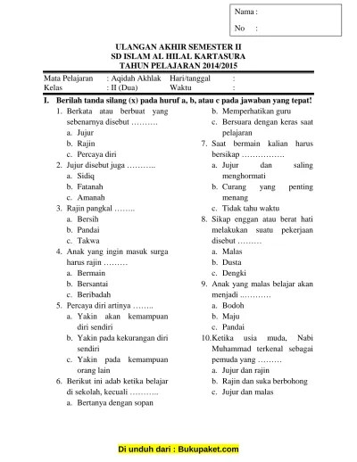 Berikut ini adalah rincian soal uts akidah akhlaq kelas 6 sd/mi semester 1. Soal Ukk Aqidah Akhlak Kelas 3 Sd Mi