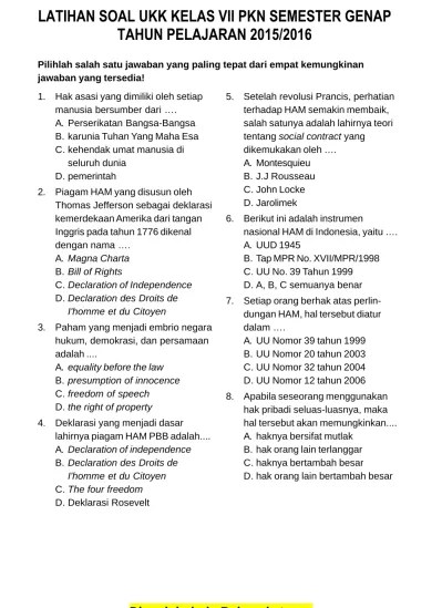 Ulangan semester genap tahun pelajaran 2014 2015 nama sekolah. Soal Ukk Pkn Kelas 7 Smp