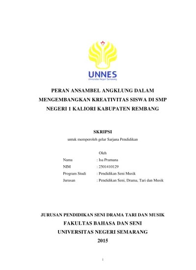 PERAN ANSAMBEL ANGKLUNG DALAM MENGEMBANGKAN KREATIVITAS SISWA DI SMP NEGERI  1 KALIORI KABUPATEN REMBANG
