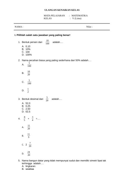 Contoh soal matematika kelas 5 tahun 20202021 dan kunci jawabannyacara . Top Pdf Soal Dan Jawaban Latihan Ukk Uas Matematika Kelas 5 Semester 2 123dok Com