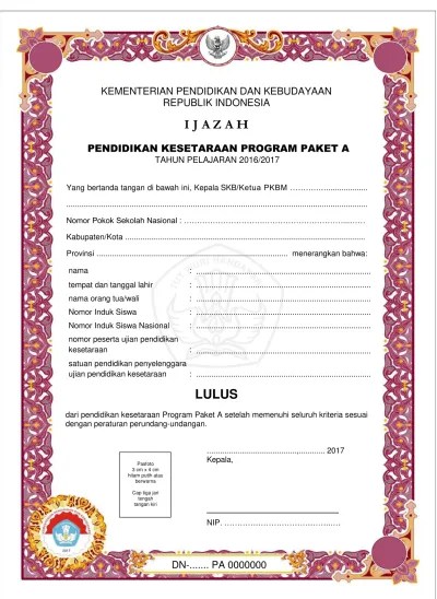 Petunjuk teknis penyelenggaraan ujian sekolah di satuan. Top Pdf Contoh Blangko Ijazah Paket B 2017 123dok Com