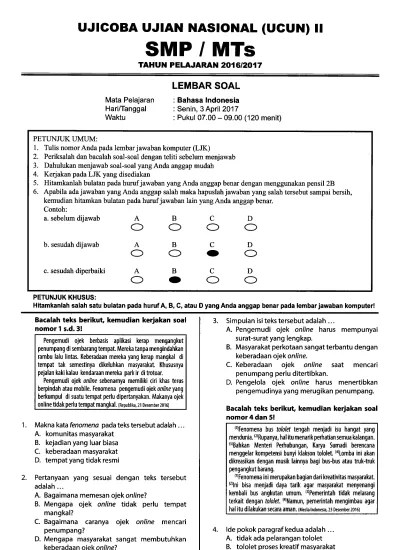 Latihan soal ujian nasional smp / mts 2017 lengkap kunci jawaban dan pembahasan · kumpulan soal ujian sekolah uasbn sd/mi tahun 2017 · soal ucun prediksi soal . Top Pdf Ucun Dki Tahap 2 2017 Bahasa Indonesia 123dok Com
