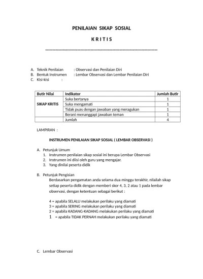 Lembar observasi penilaian sikap sosial mata pelajaran. Penilaian Sikap Kritis