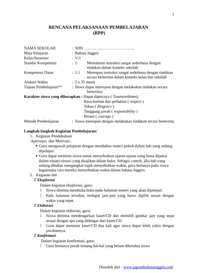 Rpp inggris sd kelas 1 semester 2 & 1 tema 4 5 6 7 8 untuk sd/mi yang sebelumnya rpp 1 lembar luring k13 revisi terbaru sesuai se no 14 th 2019 serta dapat . Top Pdf Rpp Bahasa Inggris Sd Kelas V Sms 1 123dok Com