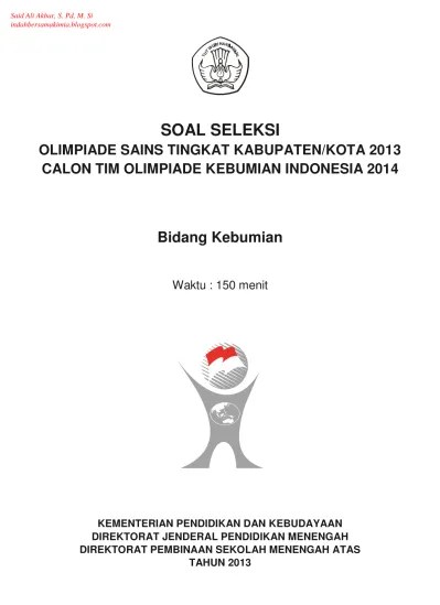 Olimpiade sains tingkat kabupaten/kota 2014. Soal Olimpiade Kebumian Tingkat Kabupaten Tahun 2013