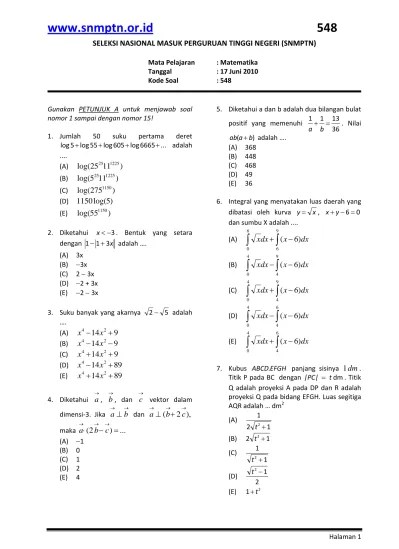 Untuk tingkat madrasah ibtidaiyah (mi), mata pelajaran yang dilombakan adalah matematika dan ipa. Top Pdf Pembahasan Soal Snmptn 2011 Matematika Ipa Kode 599 123dok Com