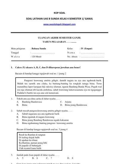 Soal ujian uts bahasa indonesia kelas 2 sd semester 1. Soal Uas Bahasa Sunda Kelas 1 Smtr 1