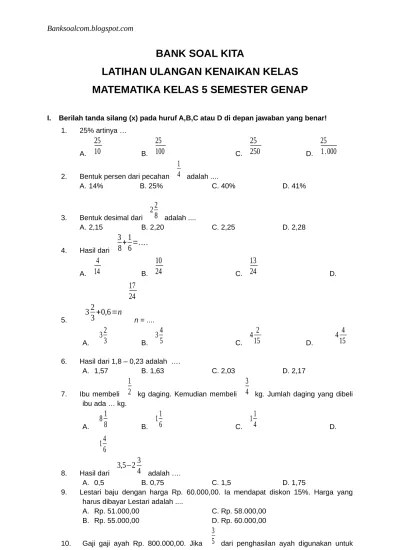 Beri tanda silang (x) pada a, b, c atau d! Top Pdf Soal Ukk Matematika Kelas 5 Semester 2 Asli 11 123dok Com