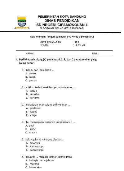 soal UTS ips Kelas 2 semester 2