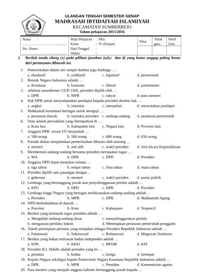 Contoh soal pkn, matematika, ipa, ips uts kelas 4 semester 2 tahun 2015 ini akan sangat membantu para guru sd kelas 4 dalam mempersiapkan pelaksanaan ujian . Top Pdf Soal Uts Genap Kelas 1 2 3 4 5 6 Pkn Kelas 4 Pkn Klir 123dok Com