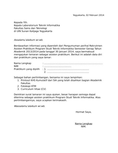 Bagi kamu yang ingin melamar sebagai asisten lab pada perusahaan dengan menggunakan surat lamaran berbahasa inggris contoh berikut ini bisa . Top Pdf Contoh Surat Ran Asisten Praktikum 123dok Com