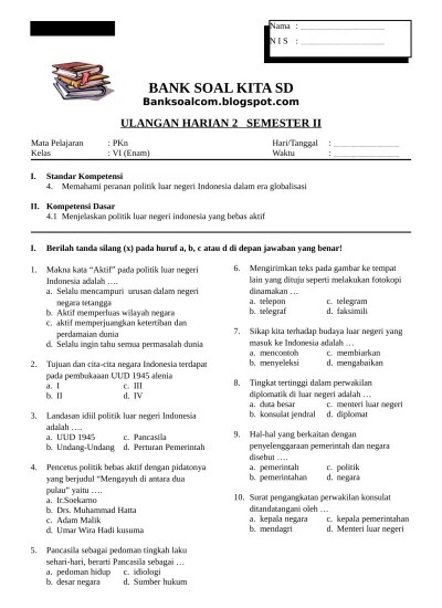 Rangkuman bab 4 politik luar negeri negara indonesia. Soal Ulangan Harian Kelas 6 Sd Terbaru Uh2 Pkn Kelas Vi