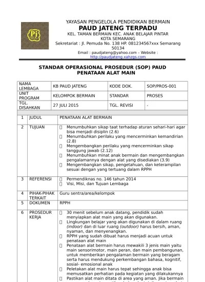 Kabupaten kotabaru · standar operasional prosedur (sop) paud. Buku Pedoman Penyusunan Standar Operasional Prosedur Sop Satuan Paud