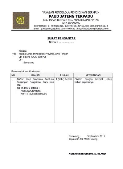 Semoga dengan penjelasan yang kami berikan dapat menambah pengetahuan serta referensi bagi anda semua. Contoh Surat Pengantar Paud Tk Kb