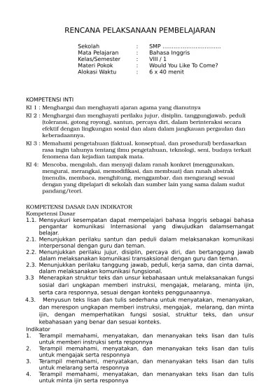 Yuk kita langsung saja simak materi inviting others di bawah ini. Rpp Bahasa Inggris Kurikulum 2013 Smp Kelas 8