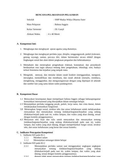 Di dalam standar proses yang telah ditentukan oleh pemerintah bahwa penyusunan rpp kurikulum 2013 tingkat smp . Rpp Bahasa Inggris Kurikulum 2013 Smp Kelas 9