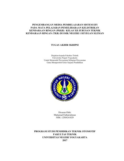 Pemeliharaan kelistrikan sepeda motor kelas xii. Pengembangan Media Pembelajaran Sistem Efi Pada Mata Pelajaran Pemeliharaan Kelistrikan Kendaraan Ringan Pkkr Kelas Xii Jurusan Teknik Kendaraan Ringan Tkr Di Smk Negeri 1 Seyegan Sleman