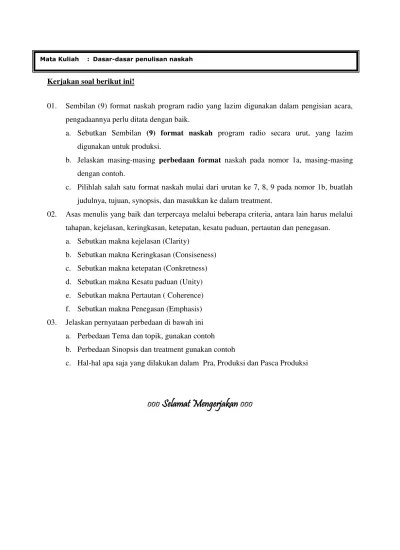 Contoh soal aplikasi perkantoran / contoh soal dan jawaban usbn dasar dasar administrasi perkantoran kelas xii smk th 2021 bacaan madani . Top Pdf Broadcasting Penyiaran Soal Uas Dasar Dasar Penulisan Naskah 123dok Com