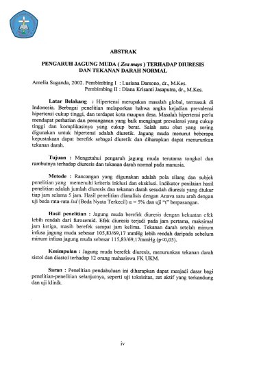 Pengaruh Jagung Muda (Zea mays) Terhadap Diuresis dan Tekanan Darah Normal.