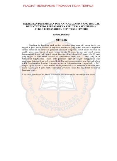 Perbedaan penerimaan diri antara lansia yang tinggal di Panti Wreda  berdasarkan keputusan sendiri dan bukan berdasarkan keputusan sendiri.