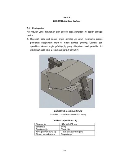 BAB 6 KESIMPULAN DAN SARAN PERANCANGAN ANGLE GRINDING JIG UNTUK MEMBANTU  PROSES PERBAIKAN WEDGEBLOCK MOLD DI MESIN SURFACE GRINDING.