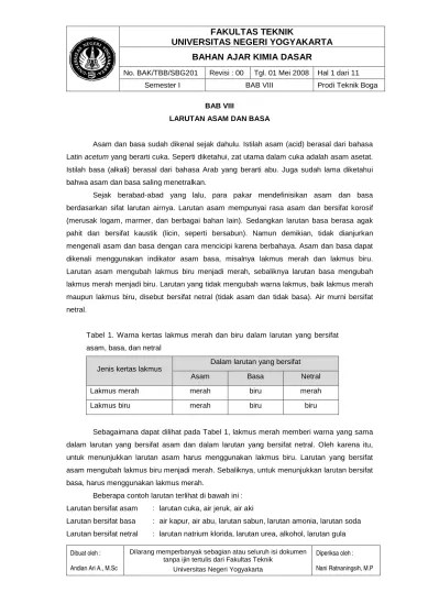 Sebagai larutan asam, larutan basa, dan larutan netral. Kimia Dasar Bab 08 Asam Basa