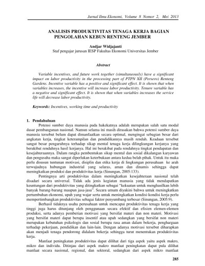 Analisis pengaruh umur, pendidikan, dan upah terhadap produktivitas tenaga kerja. Analisis Produktivitas Tenaga Kerja Bagian Pengolahan Kebun Renteng Jember