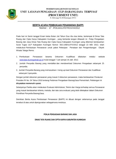 Berikut yang dapat kita bagikan terkait analisa harga satuan pekerjaan dinding partisi hpl. Top Pdf Berita Acara Pembukaan Penawaran Penataan Obyek Wisata Talaga Remis 123dok Com