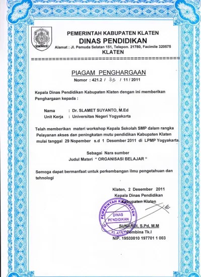Berikut ini contoh sertifikat yang saya buat sendiri. Piagam Penghargaan Sebagai Narasumber Pada Workshop Guru Mapel Yang Diuji Secara Nasional Se Kabupaten Klaten