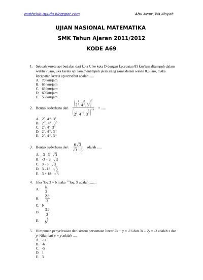 Jadi, banyak kue yang dapat dibuat selama 12 hari adalah 360 kotak. Top Pdf Bank Soal Sekolah Soal Soal Un Matematika Smk Teknik Kesehatan Dan Pertanian 123dok Com