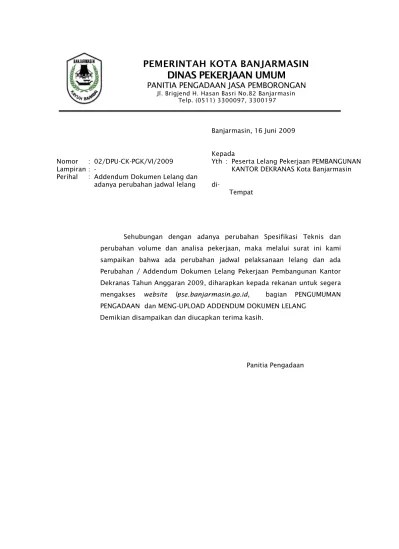 Dilampirkan, termasuk dokumen atau data pendukung lainnya. Top Pdf Surat Pemberitahuan Perubahan Dokumen Lelang 123dok Com