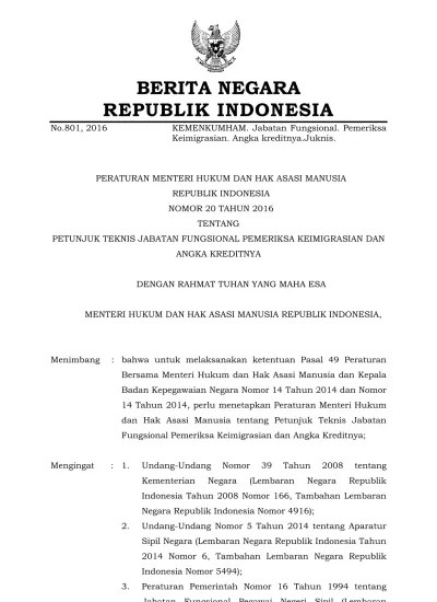 PERMEN KEMENKUMHAM Nomor 20 TAHUN 2016 Tahun 2016 (KEMENKUMHAM Nomor 20  TAHUN 2016 Tahun 2016)