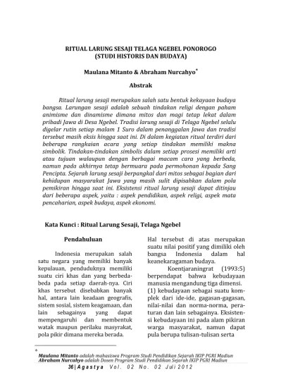 RITUAL LARUNG SESAJI TELAGA NGEBEL PONOROGO (STUDI HISTORIS DAN BUDAYA) |  Mitanto | AGASTYA: JURNAL SEJARAH DAN PEMBELAJARANNYA 1459 3071 1 SM