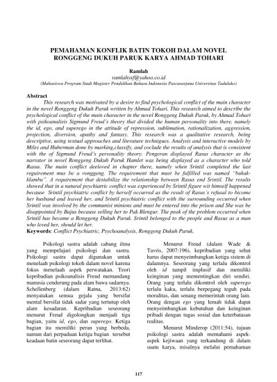 PEMAHAMAN KONFLIK BATIN TOKOH DALAM NOVEL RONGGENG DUKUH PARUK KARYA AHMAD  TOHARI | Ramlah | BAHASANTODEA 6320 20914 1 PB
