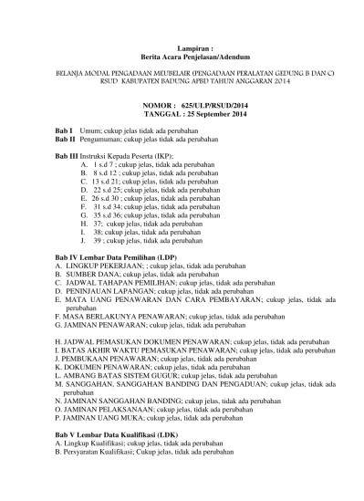 Lampiran : Berita Acara Penjelasan/Adendum. NOMOR : 625/ULP/RSUD/2014  TANGGAL : 25 September 2014